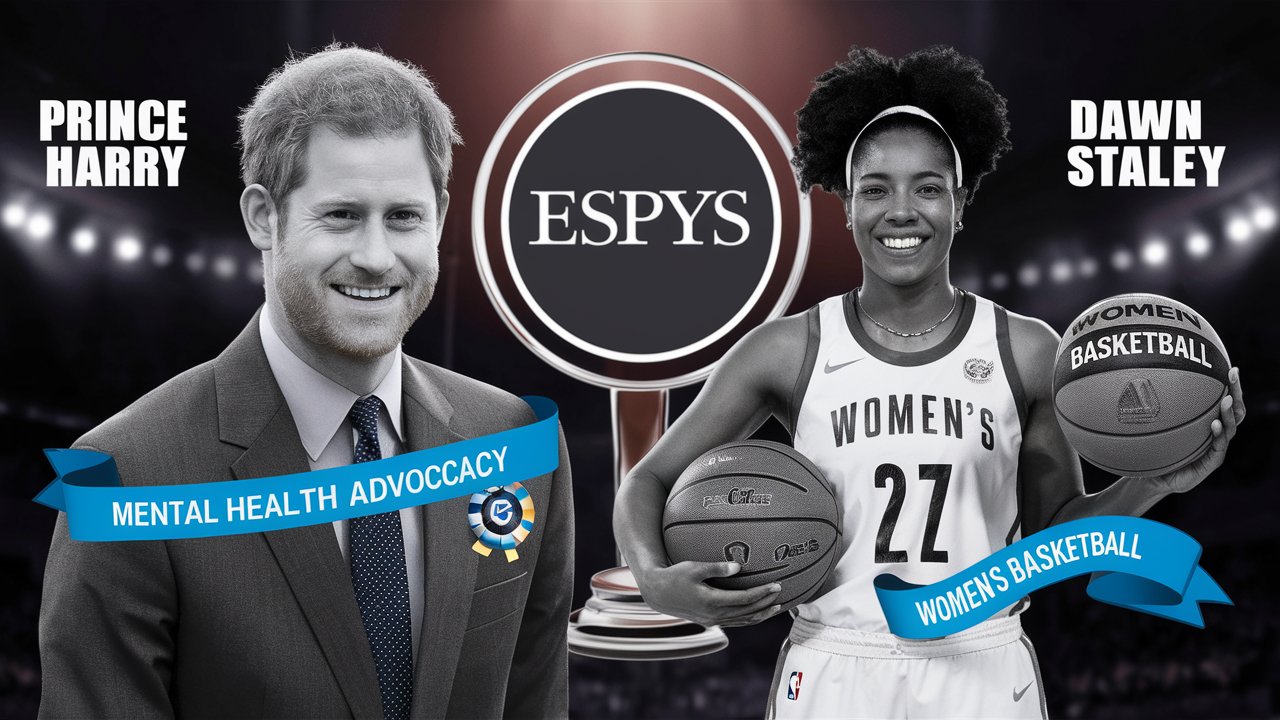 Prince Harry and Dawn Staley honored at the 2024 ESPYs for their significant contributions to mental health advocacy and women's basketball.